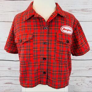 Forever 21 red plaid shirt with badge crop